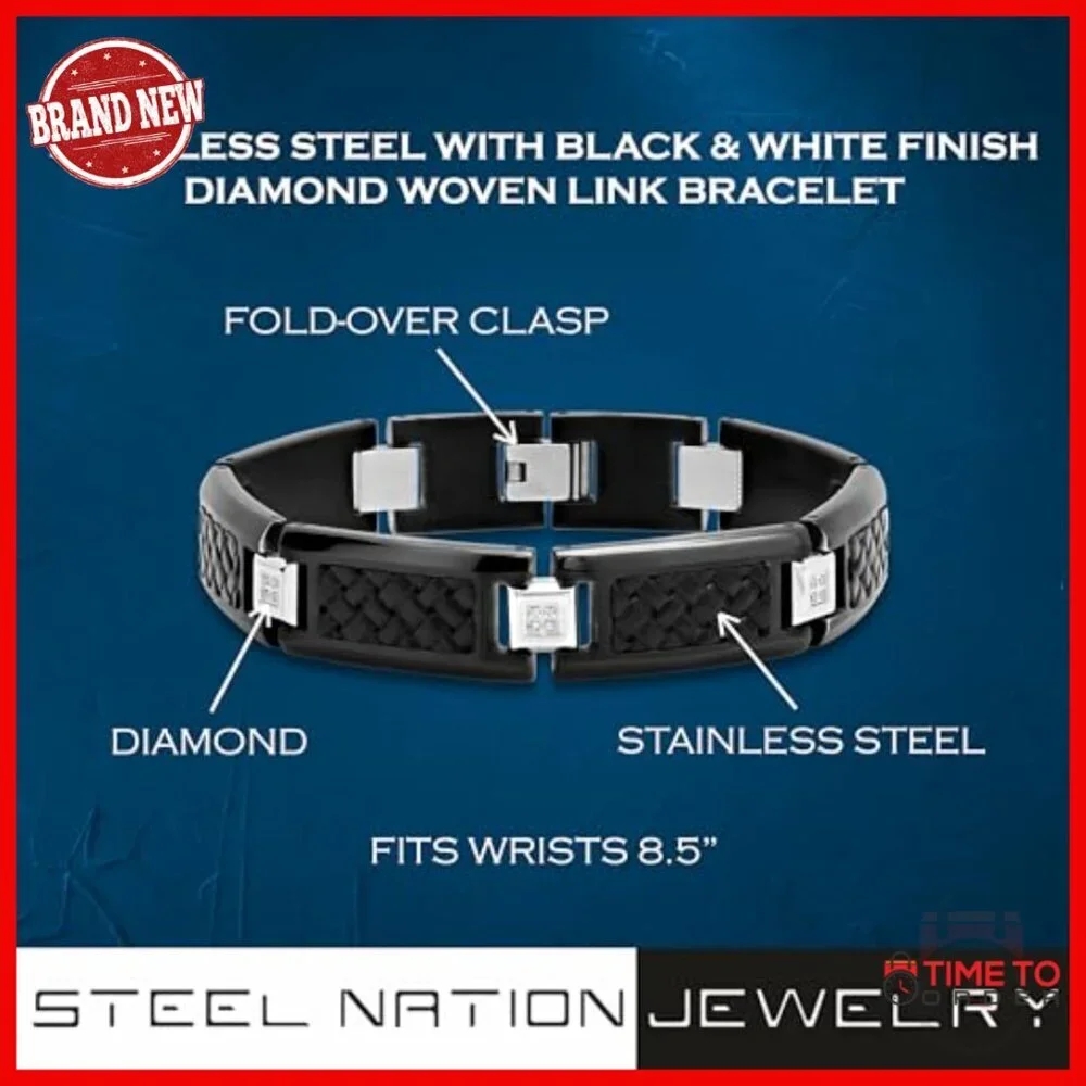 Stainless Steel Woven Link Bracelet for Men, 8.5 Inch Length, Fold-Over Clasp